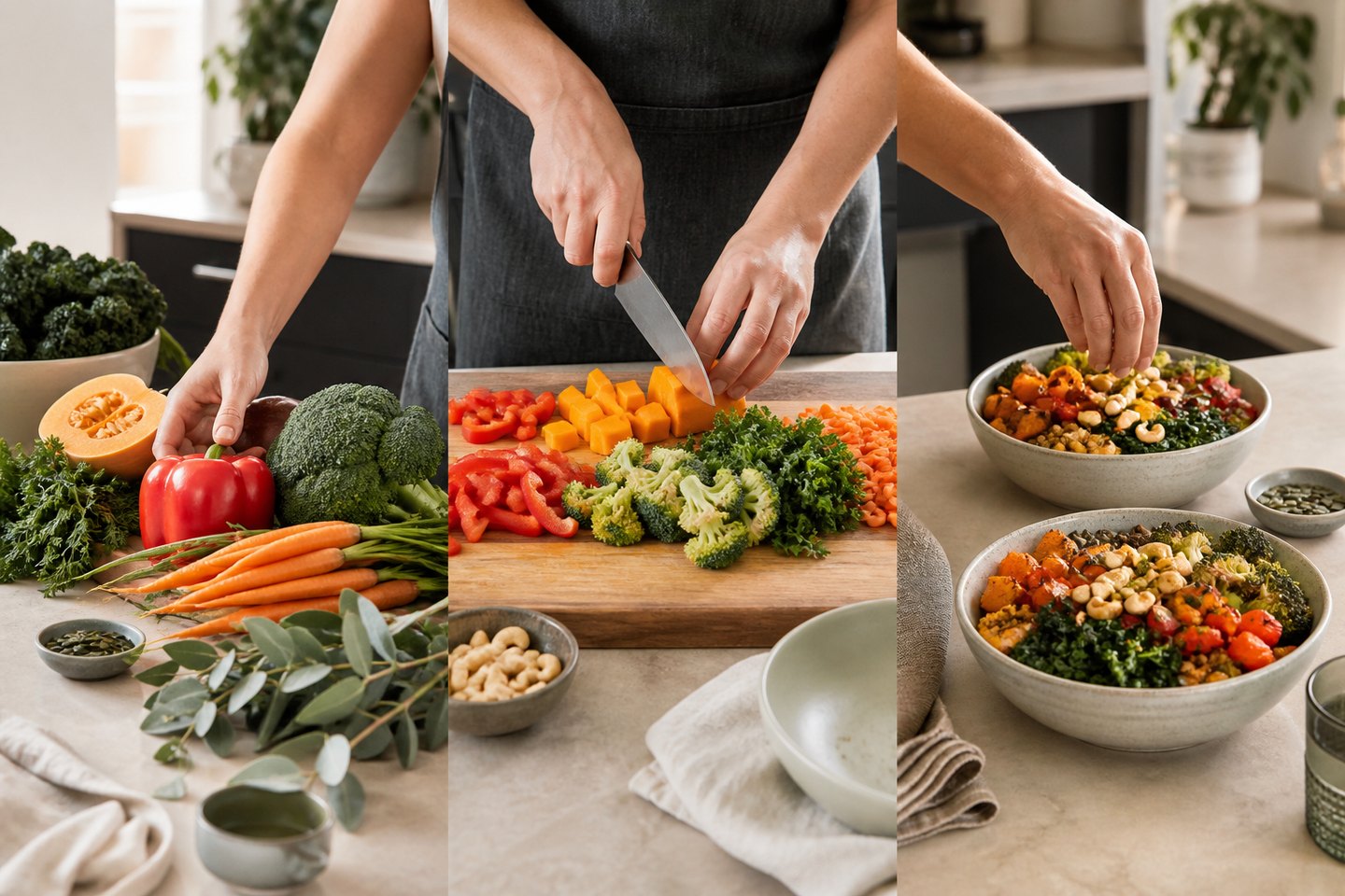 Ingredients progressing from whole produce to prepared healthy bowls